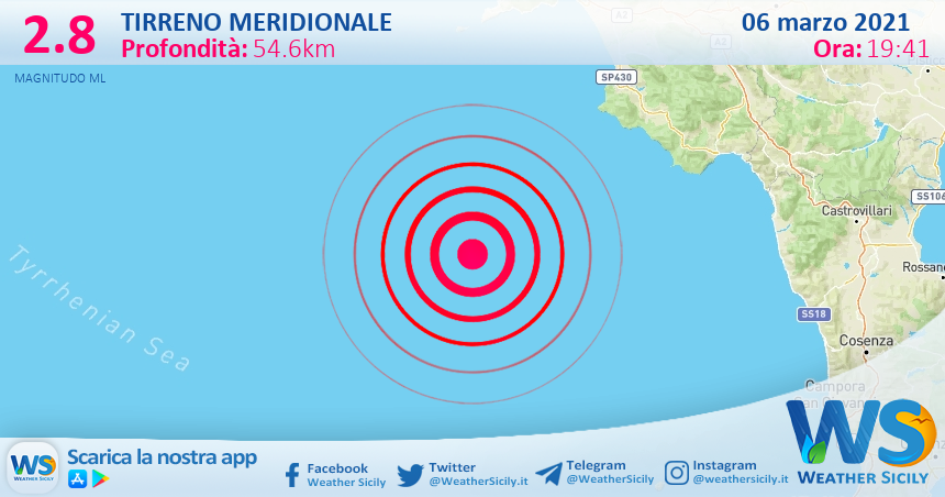 Sicilia: scossa di terremoto magnitudo 2.8 nel Tirreno Meridionale (MARE)