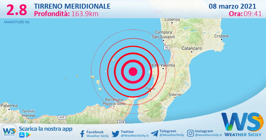 Sicilia: scossa di terremoto magnitudo 2.8 nel Tirreno Meridionale (MARE)