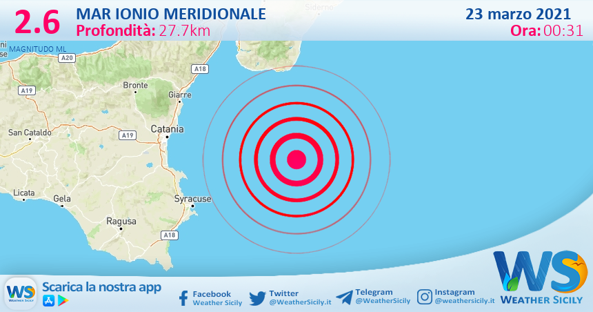 Sicilia: scossa di terremoto magnitudo 2.6 nel Mar Ionio Meridionale (MARE)