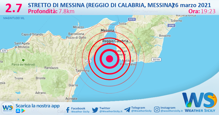 Sicilia: scossa di terremoto magnitudo 2.7 nei pressi di Stretto di Messina (Reggio di Calabria, Messina)