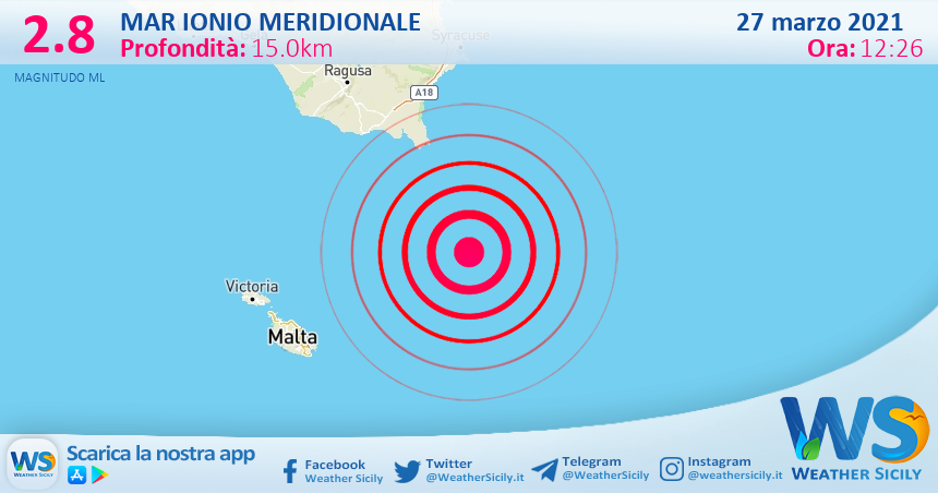 Sicilia: scossa di terremoto magnitudo 2.8 nel Mar Ionio Meridionale (MARE)