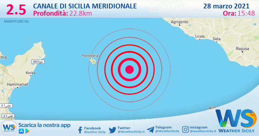 Sicilia: scossa di terremoto magnitudo 2.5 nel Canale di Sicilia meridionale (MARE)
