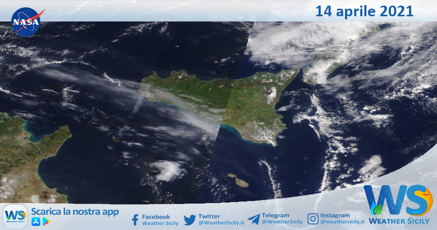 Sicilia: immagine satellitare Nasa di mercoledì 14 aprile 2021