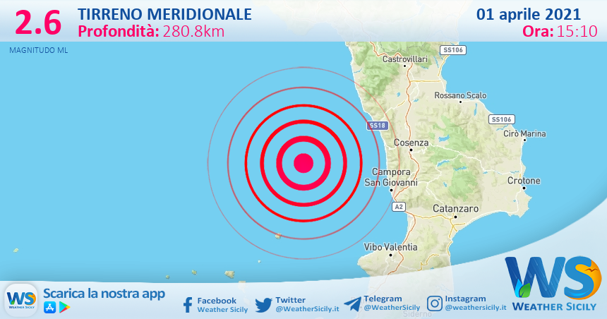 Sicilia: scossa di terremoto magnitudo 2.6 nel Tirreno Meridionale (MARE)