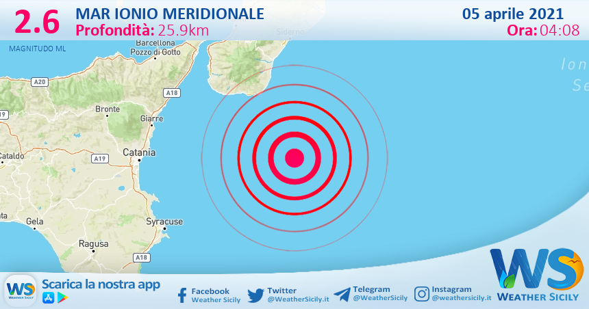 Sicilia: scossa di terremoto magnitudo 2.6 nel Mar Ionio Meridionale (MARE)