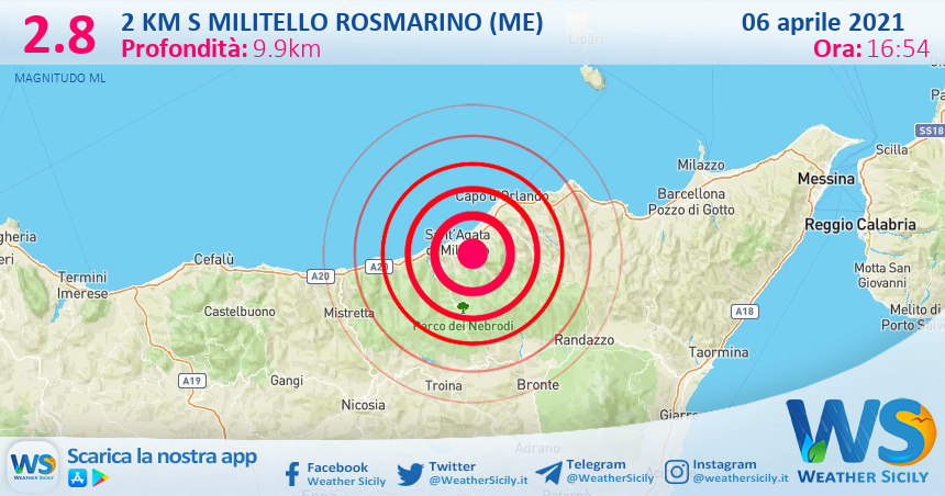 Sicilia: scossa di terremoto magnitudo 2.8 nei pressi di Militello Rosmarino (ME)