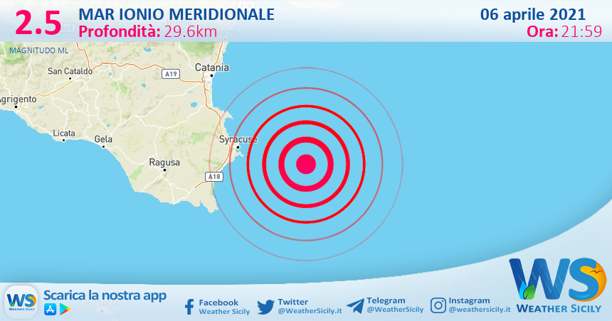 Sicilia: scossa di terremoto magnitudo 2.5 nel Mar Ionio Meridionale (MARE)