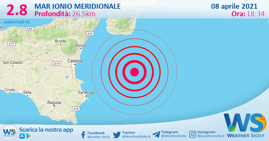 Sicilia: scossa di terremoto magnitudo 2.8 nel Mar Ionio Meridionale (MARE)