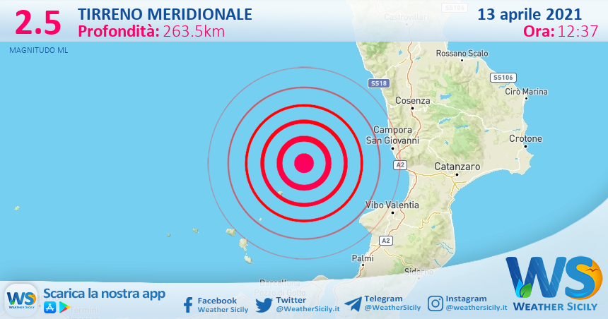 Sicilia: scossa di terremoto magnitudo 2.5 nel Tirreno Meridionale (MARE)