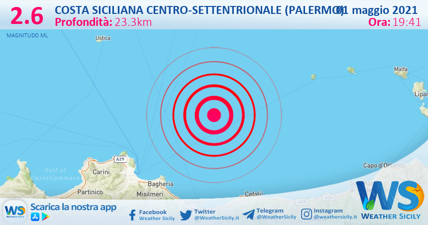 Sicilia: scossa di terremoto magnitudo 2.6 nei pressi di Costa Siciliana centro-settentrionale (Palermo)
