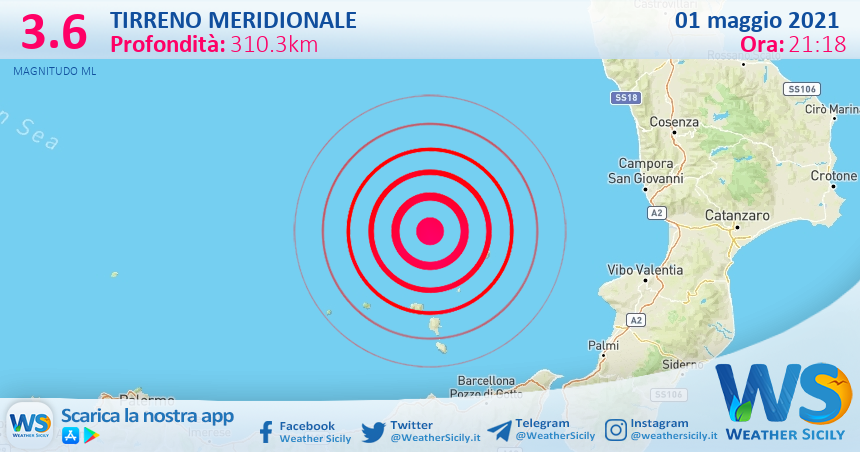 Sicilia: scossa di terremoto magnitudo 3.6 nel Tirreno Meridionale (MARE)