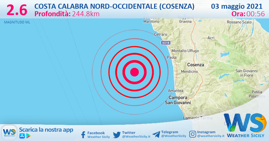 Sicilia: scossa di terremoto magnitudo 2.6 nei pressi di Costa Calabra nord-occidentale (Cosenza)