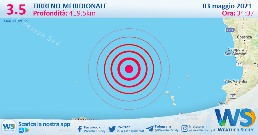 Sicilia: scossa di terremoto magnitudo 3.5 nel Tirreno Meridionale (MARE)