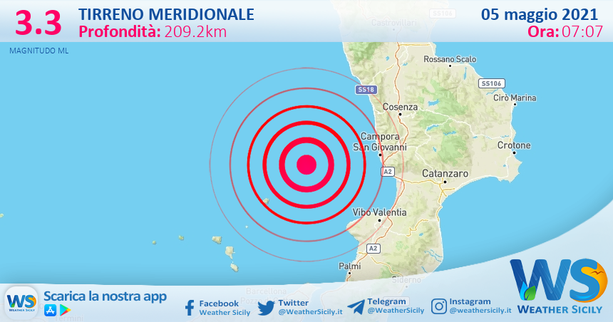 Sicilia: scossa di terremoto magnitudo 3.3 nel Tirreno Meridionale (MARE)