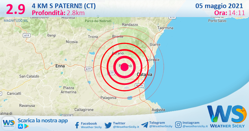 Sicilia: scossa di terremoto magnitudo 2.9 nei pressi di Paternò (CT)