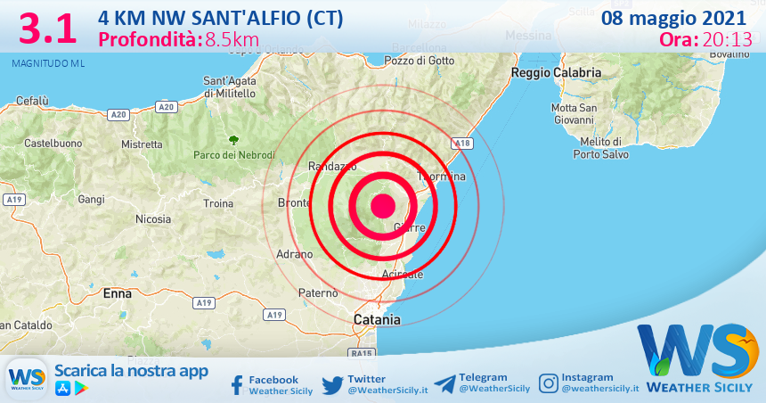 Sicilia: scossa di terremoto magnitudo 3.1 nei pressi di Sant'Alfio (CT)