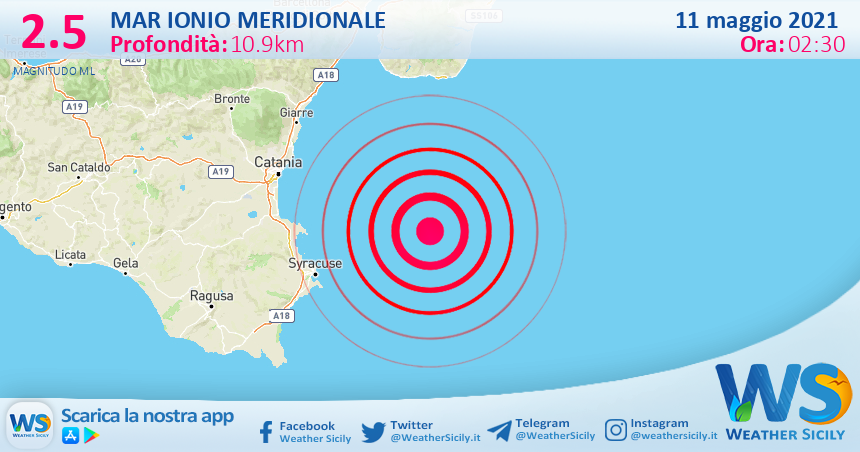 Sicilia: scossa di terremoto magnitudo 2.5 nel Mar Ionio Meridionale (MARE)