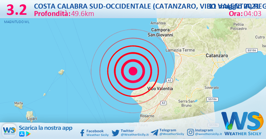Sicilia: scossa di terremoto magnitudo 3.2 nei pressi di Costa Calabra sud-occidentale (Catanzaro, Vibo Valentia, Reggio di Calabria)