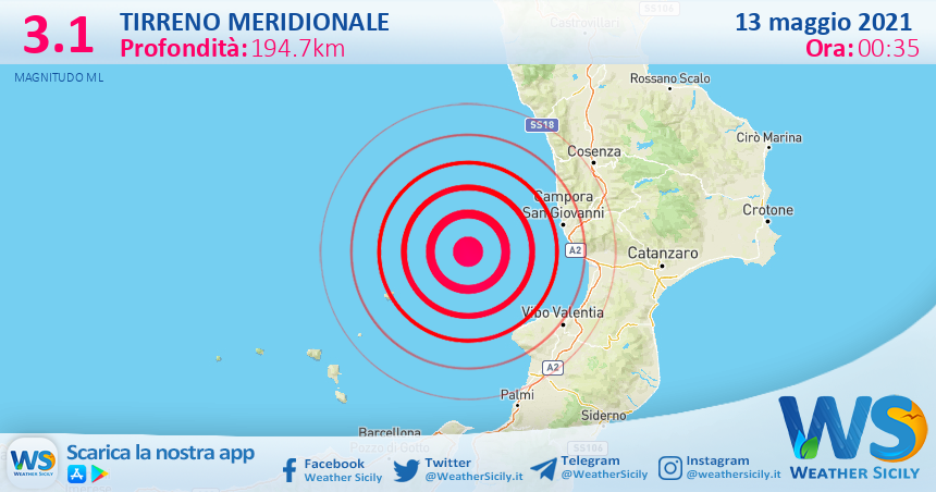 Sicilia: scossa di terremoto magnitudo 3.1 nel Tirreno Meridionale (MARE)