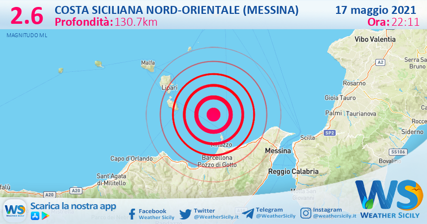 Sicilia: scossa di terremoto magnitudo 2.6 nei pressi di Costa Siciliana nord-orientale (Messina)
