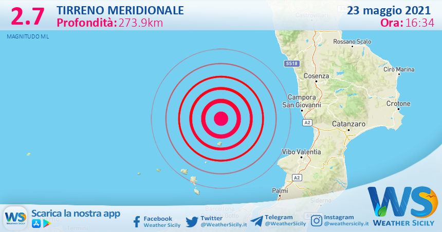 Sicilia: scossa di terremoto magnitudo 2.7 nel Tirreno Meridionale (MARE)