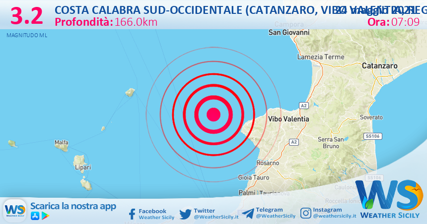 Sicilia: scossa di terremoto magnitudo 3.2 nei pressi di Costa Calabra sud-occidentale (Catanzaro, Vibo Valentia, Reggio di Calabria)