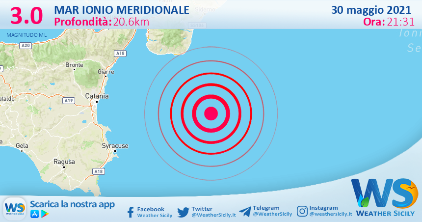 Sicilia: scossa di terremoto magnitudo 3.0 nel Mar Ionio Meridionale (MARE)