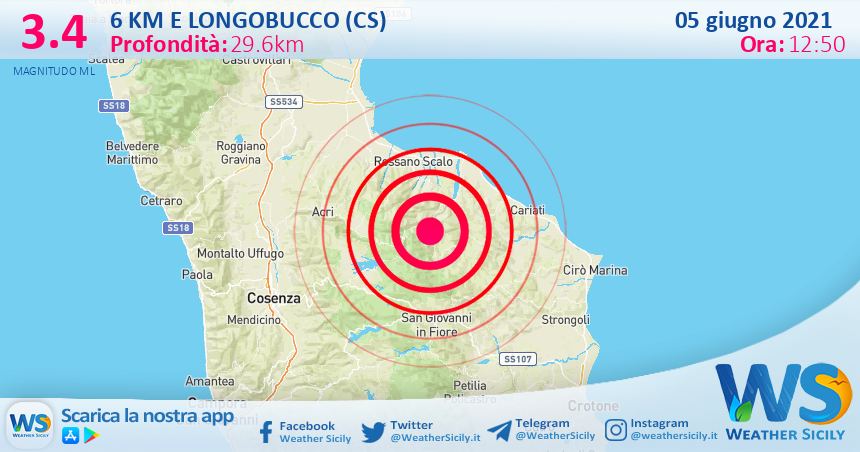 Sicilia: scossa di terremoto magnitudo 3.4 nei pressi di Longobucco (CS)