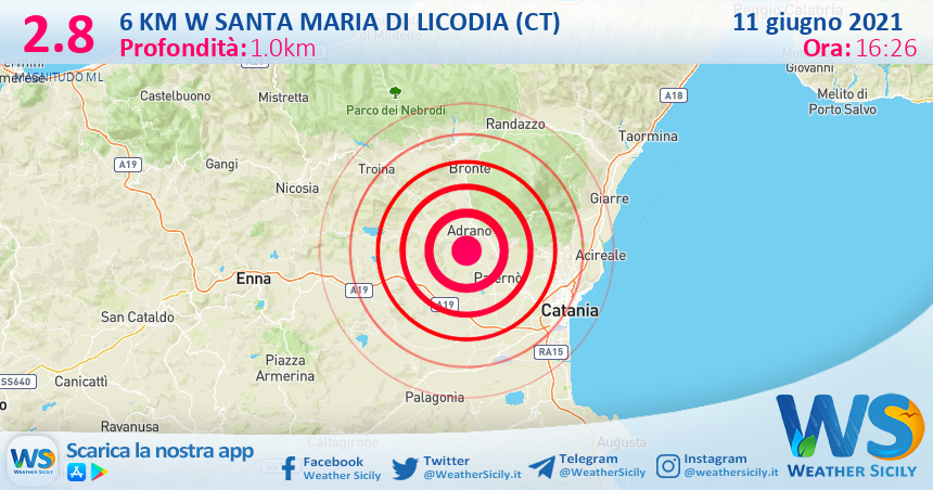 Sicilia: scossa di terremoto magnitudo 2.8 nei pressi di Santa Maria di Licodia (CT)