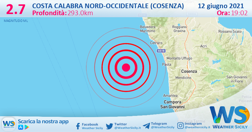 Sicilia: scossa di terremoto magnitudo 2.7 nei pressi di Costa Calabra nord-occidentale (Cosenza)