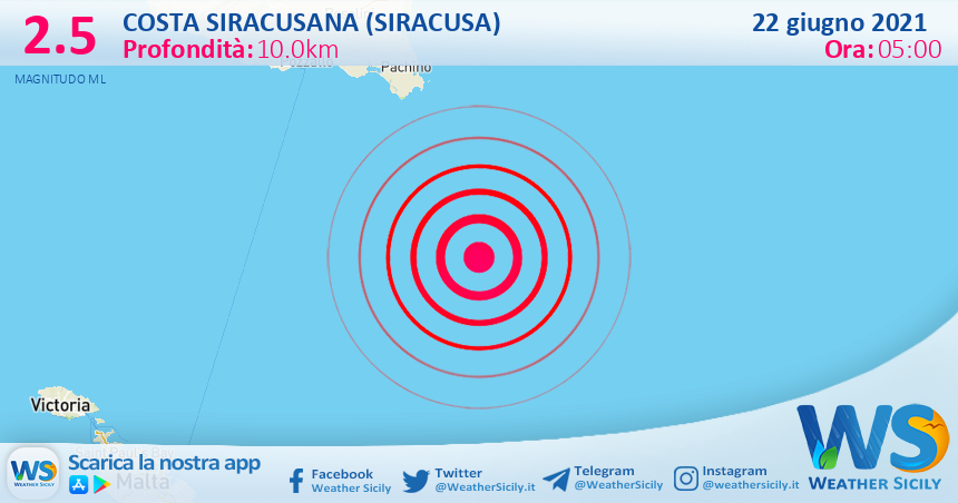 Sicilia: scossa di terremoto magnitudo 2.5 nei pressi di Costa Siracusana (Siracusa)