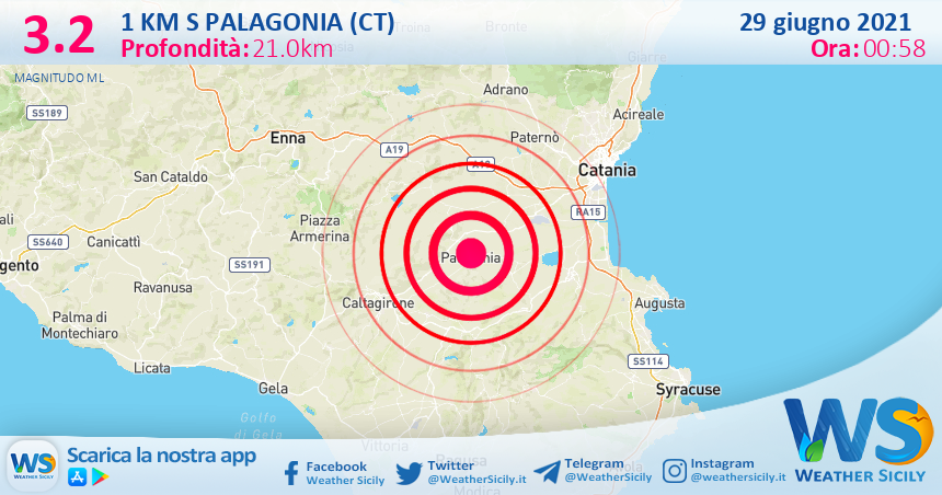 Sicilia: scossa di terremoto magnitudo 3.2 nei pressi di Palagonia (CT)