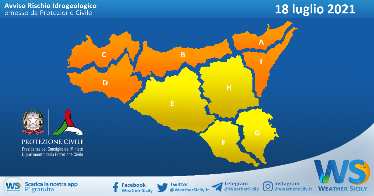 Emessa allerta meteo arancione su Sicilia settentrionale e occidentale per domenica 18 luglio 2021