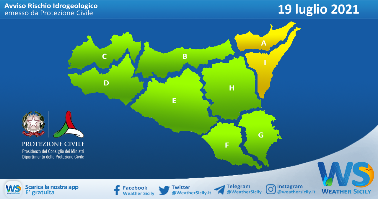 Sicilia: avviso rischio idrogeologico per lunedì 19 luglio 2021