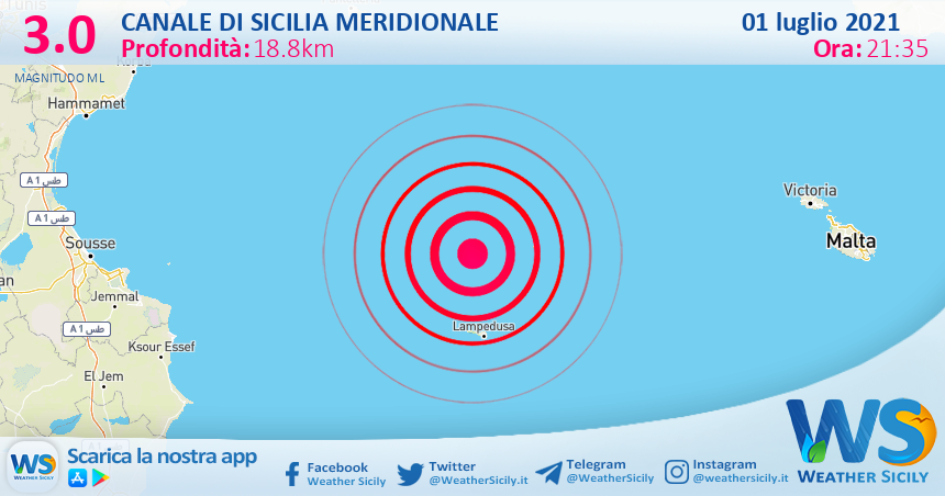 Sicilia: scossa di terremoto magnitudo 3.0 nel Canale di Sicilia meridionale (MARE)