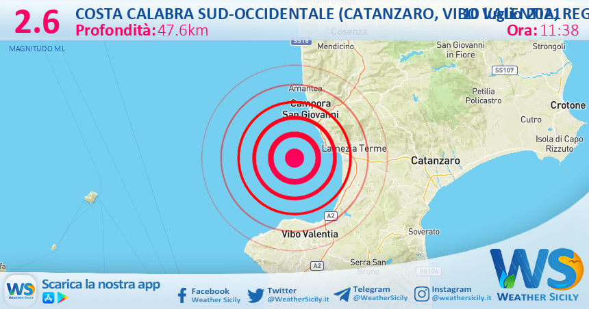 Sicilia: scossa di terremoto magnitudo 2.6 nei pressi di Costa Calabra sud-occidentale (Catanzaro, Vibo Valentia, Reggio di Calabria)