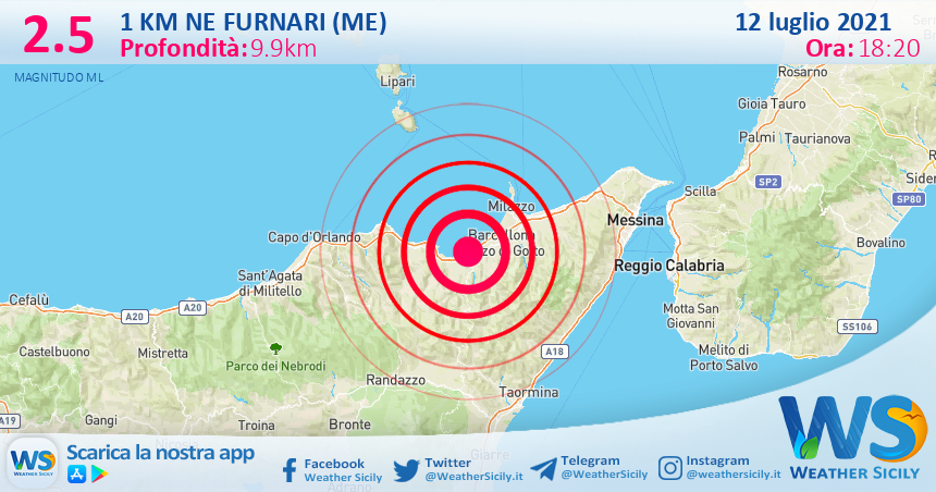 Sicilia: scossa di terremoto magnitudo 2.5 nei pressi di Furnari (ME)