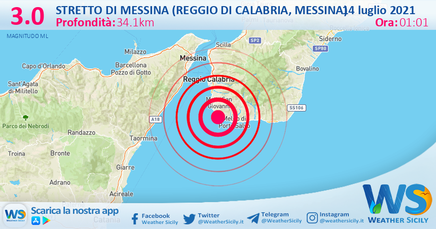 Sicilia: scossa di terremoto magnitudo 3.0 nei pressi di Stretto di Messina (Reggio di Calabria, Messina)