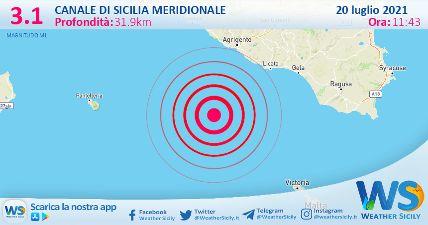 Sicilia: scossa di terremoto magnitudo 3.1 nel Canale di Sicilia meridionale (MARE)