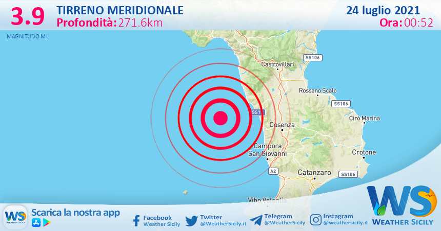 Sicilia: scossa di terremoto magnitudo 3.9 nel Tirreno Meridionale (MARE)