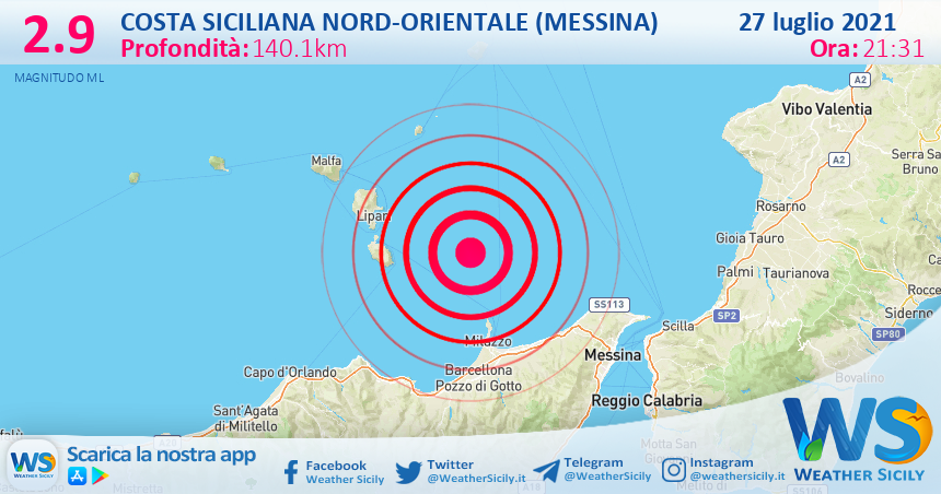 Sicilia: scossa di terremoto magnitudo 2.9 nei pressi di Costa Siciliana nord-orientale (Messina)