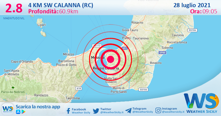Sicilia: scossa di terremoto magnitudo 2.8 nei pressi di Calanna (RC)
