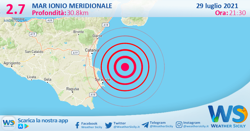 Sicilia: scossa di terremoto magnitudo 2.7 nel Mar Ionio Meridionale (MARE)