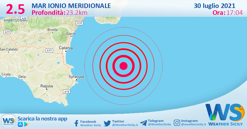 Sicilia: scossa di terremoto magnitudo 2.5 nel Mar Ionio Meridionale (MARE)