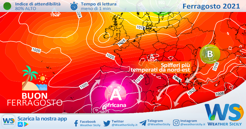 Sicilia: stabile con caldo in lieve attenuazione per Ferragosto. Locali disturbi sull'entroterra.