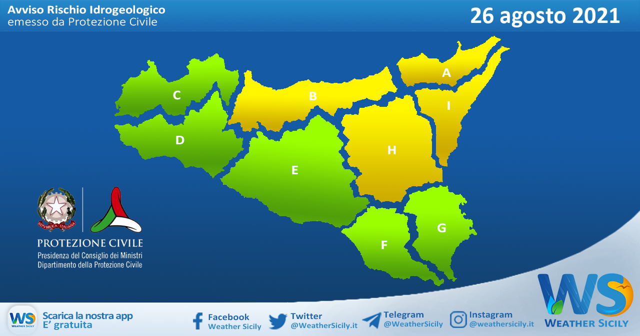 Sicilia: avviso rischio idrogeologico per giovedì 26 agosto 2021