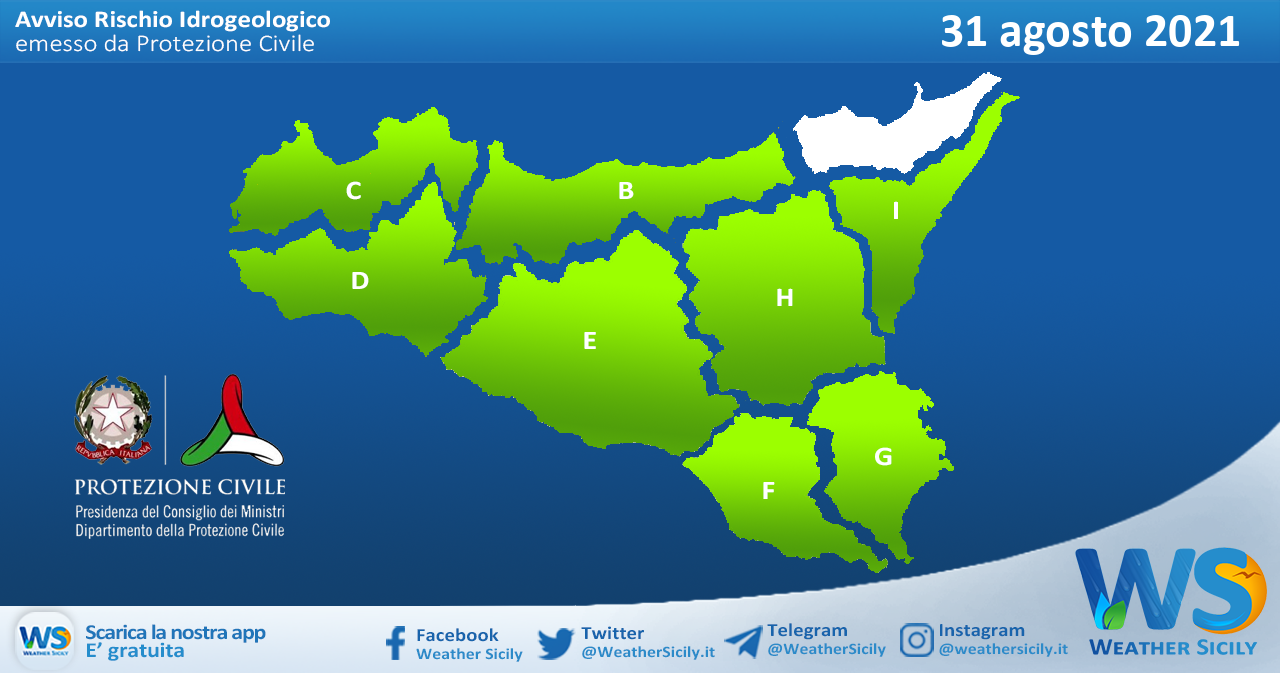 Sicilia: avviso rischio idrogeologico per martedì 31 agosto 2021