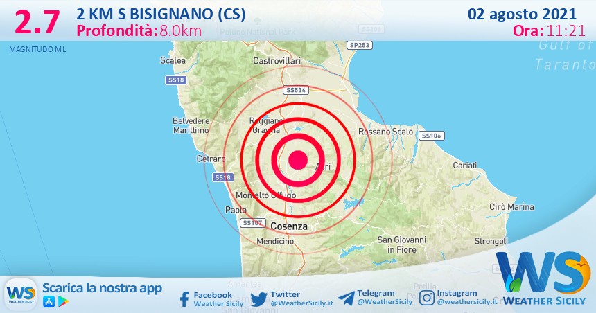 Sicilia: scossa di terremoto magnitudo 2.7 nei pressi di Bisignano (CS)