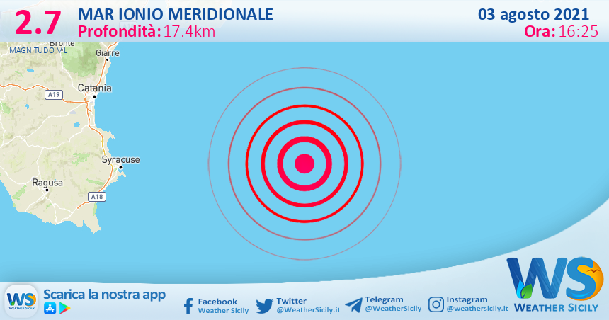 Sicilia: scossa di terremoto magnitudo 2.7 nel Mar Ionio Meridionale (MARE)
