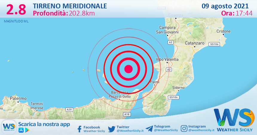 Sicilia: scossa di terremoto magnitudo 2.8 nel Tirreno Meridionale (MARE)